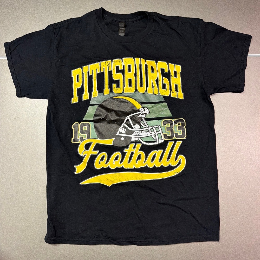 Gildan Pittsburgh Football 1933 Graphic T-Shirt Black Mens Large Distressed Tee